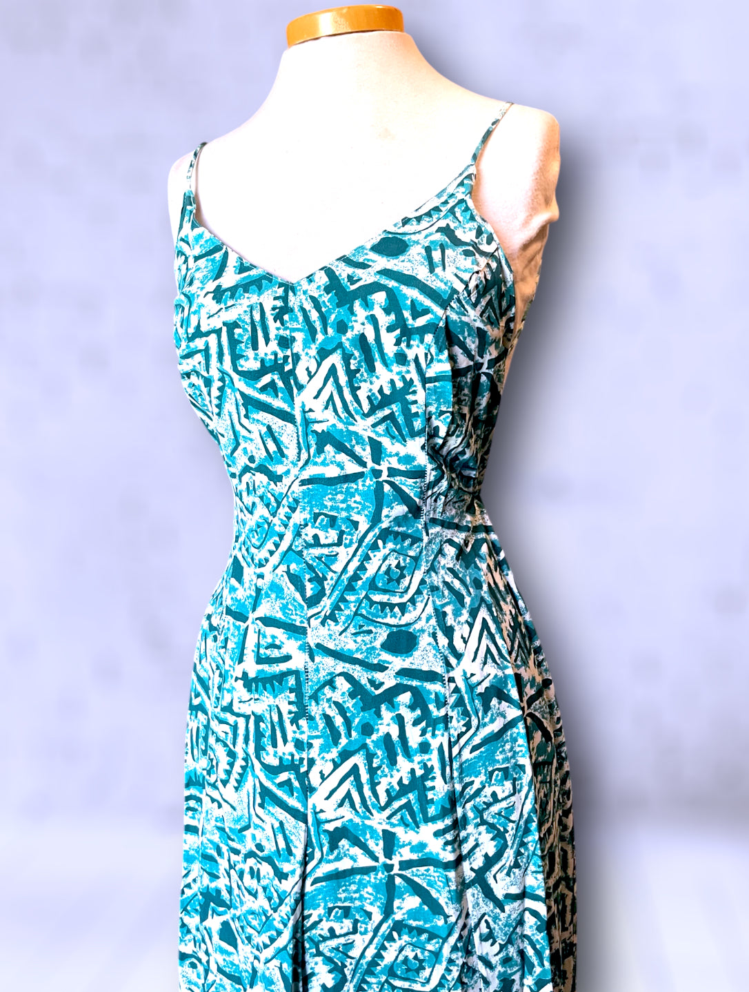 Vintage Turquoise, Teal Blue & White Patterned Low Tie Back Tank Jumpsuit