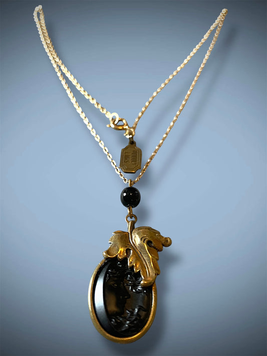 Vintage Pididdly Links Brass Art Nouveau Leaf Set Black Mourning Cameo Necklace