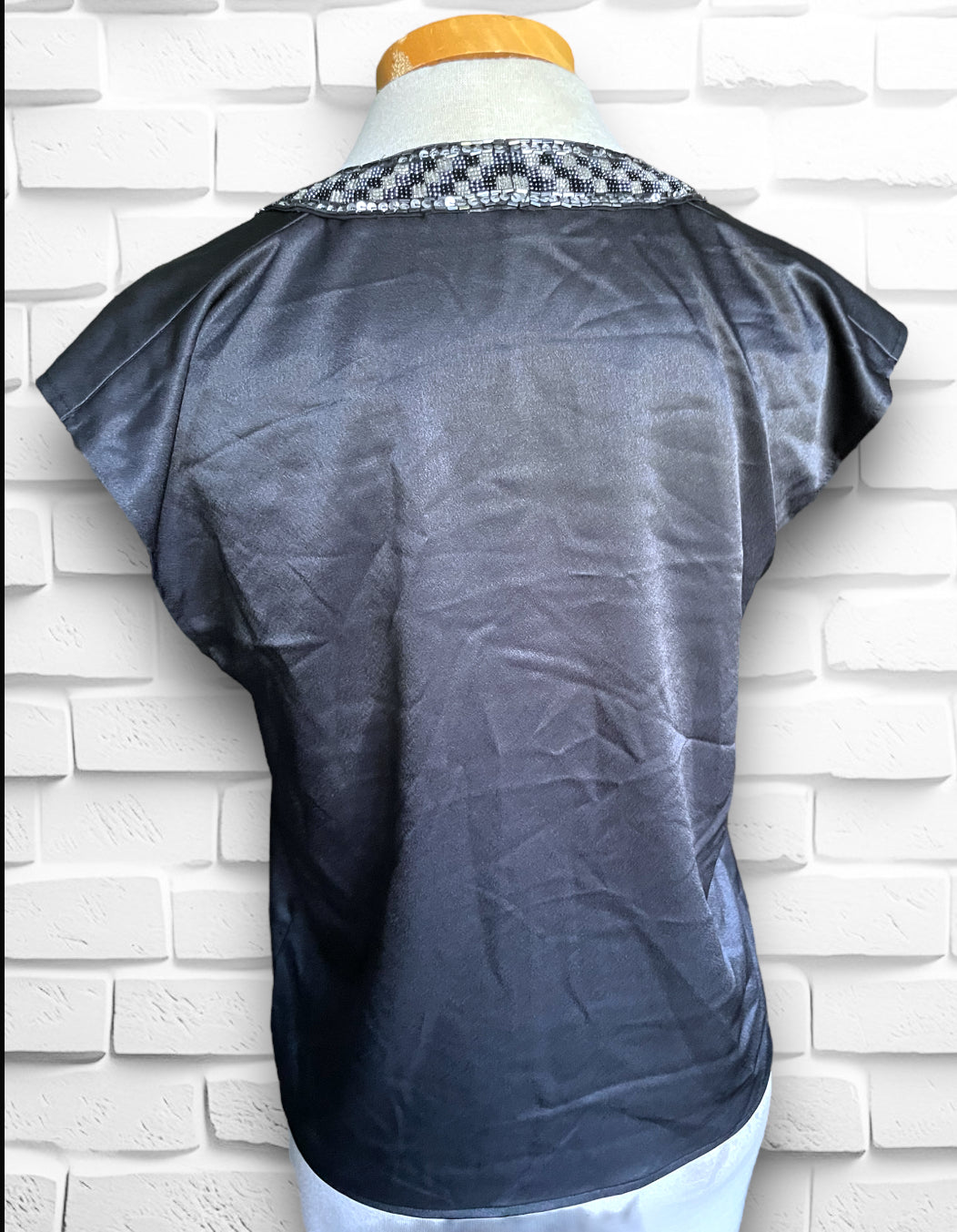 1990’s Vintage Black Satin Blouse w/ Black & Silver Seed Bead & Sequin Collar