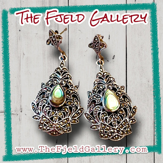 Art Deco Abalone & Marcasite Vintage Sterling Silver Dangle Earrings