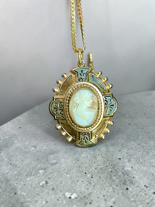 Edwardian Mixed Metal Carved Shell Cameo Cross Locket 14K GF Necklace