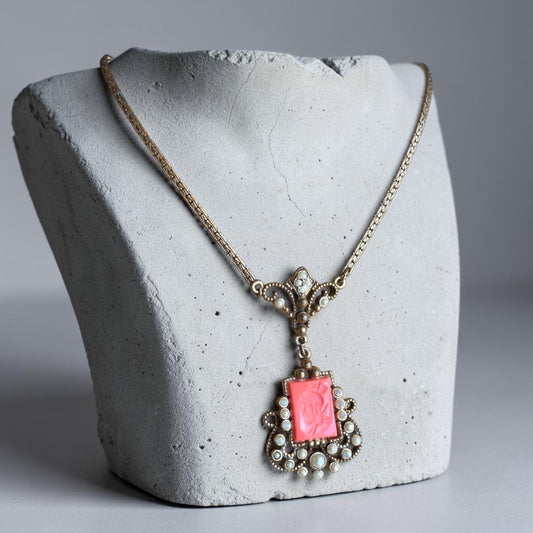Victorian Coral Intaglio Roman Soldier Cameo & Pearls Brass Necklace