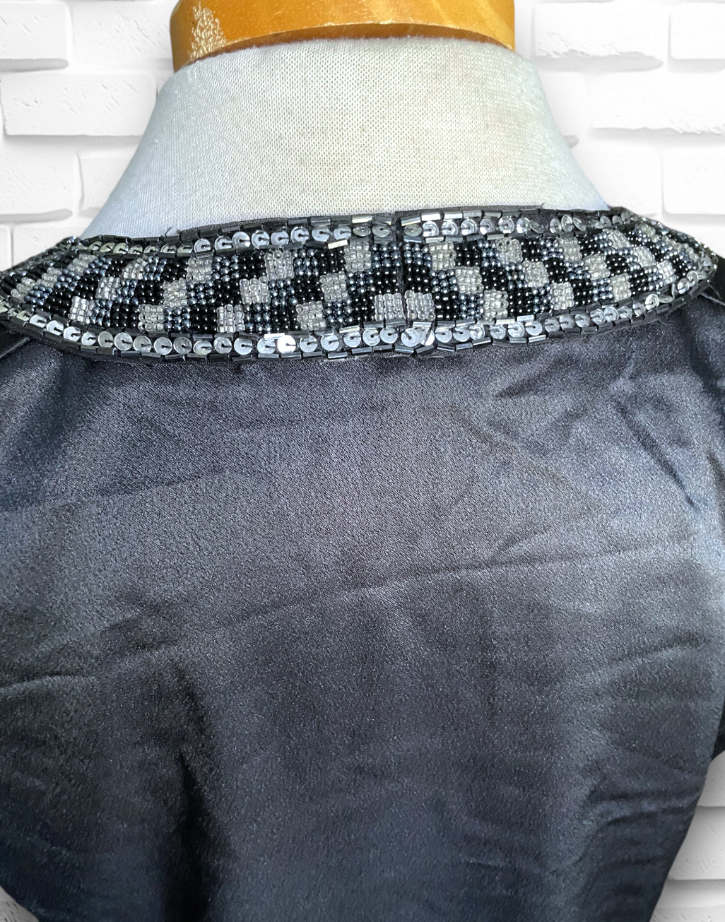 1990’s Vintage Black Satin Blouse w/ Black & Silver Seed Bead & Sequin Collar