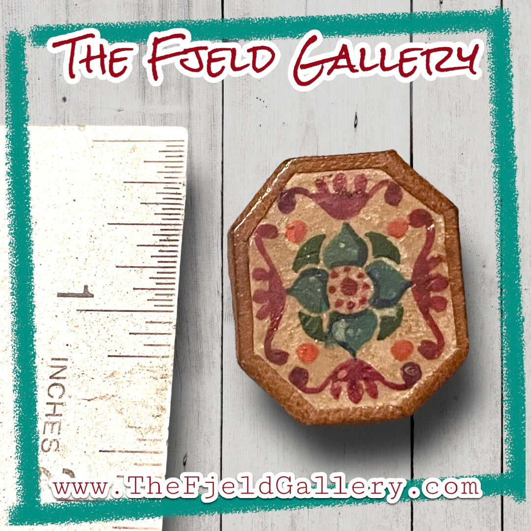 Vintage leather floral painted brooch