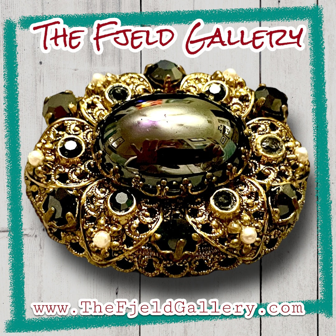West German Brass Filigree Hematite & Pearl Brooch