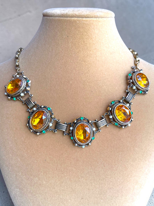 Incredible Victorian Bookchain Chunky Citrine & Peridot Crystal Choker Necklace
