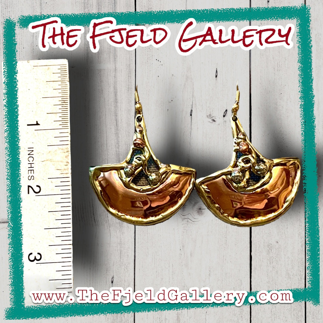 Vintage Barbaric Brutalist Arts & Crafts Copper & Brass Geometric Dangle Earrings