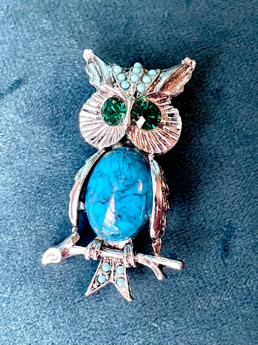 Jelly Belly Turquoise Hubble Art Glass & Green Crystal Silver Owl Figural Brooch
