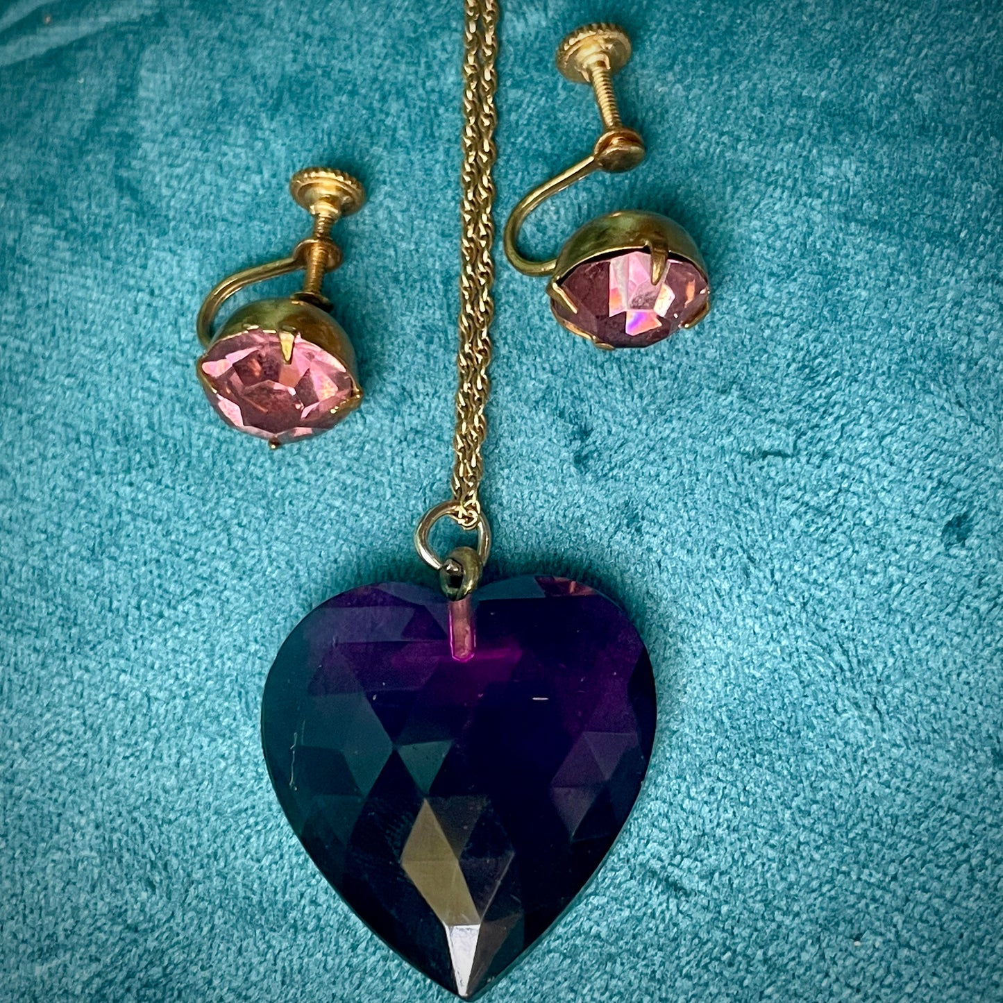 Purple Faceted Austrian Crystal Heart 12K Gold Filled Necklace & Earring Set