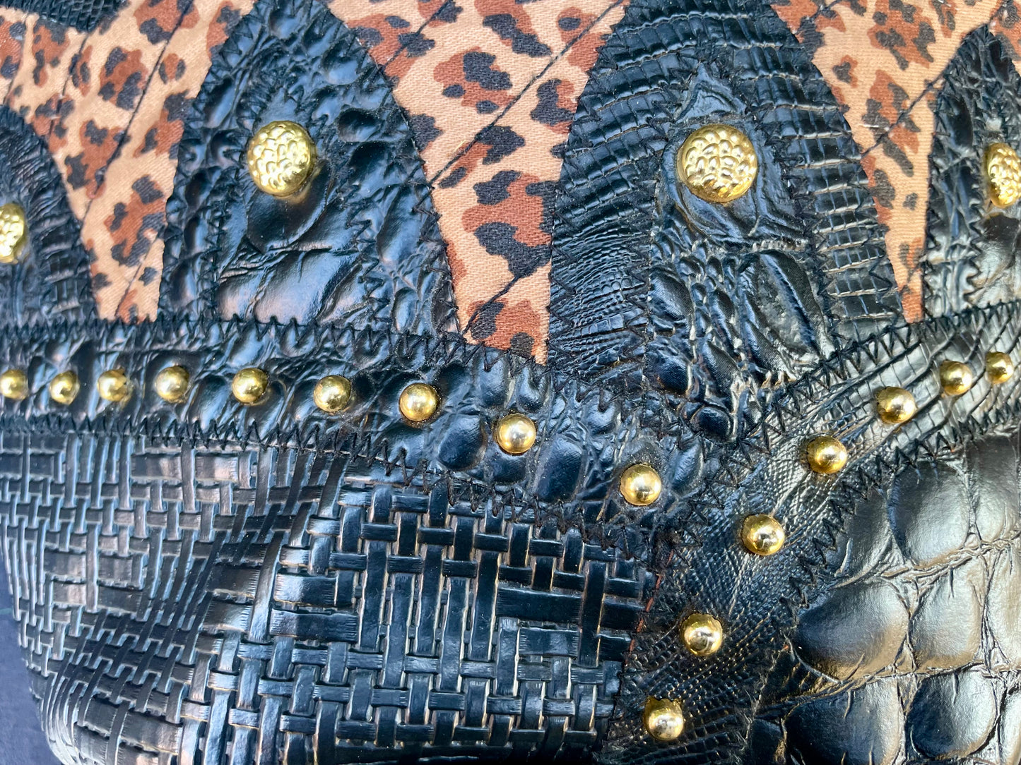 Vintage 1980’s Black Textured Faux Leather & Quilted Leopard Print Cross Body Purse with Gold Metal Rivets