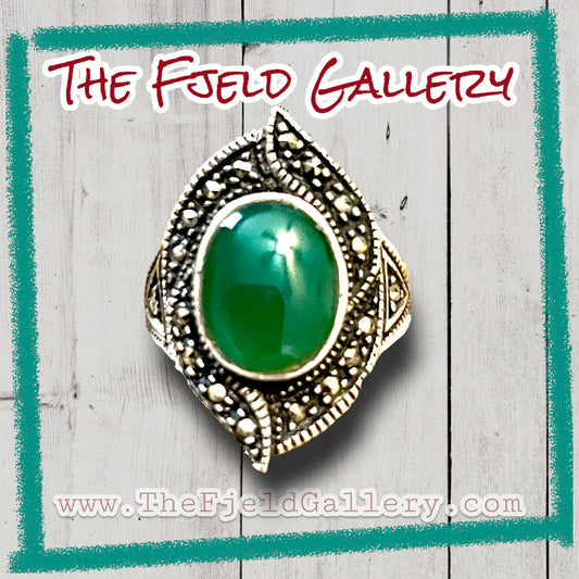 Green Chrysoprase Sterling Silver & Marcasite Art Deco Ring