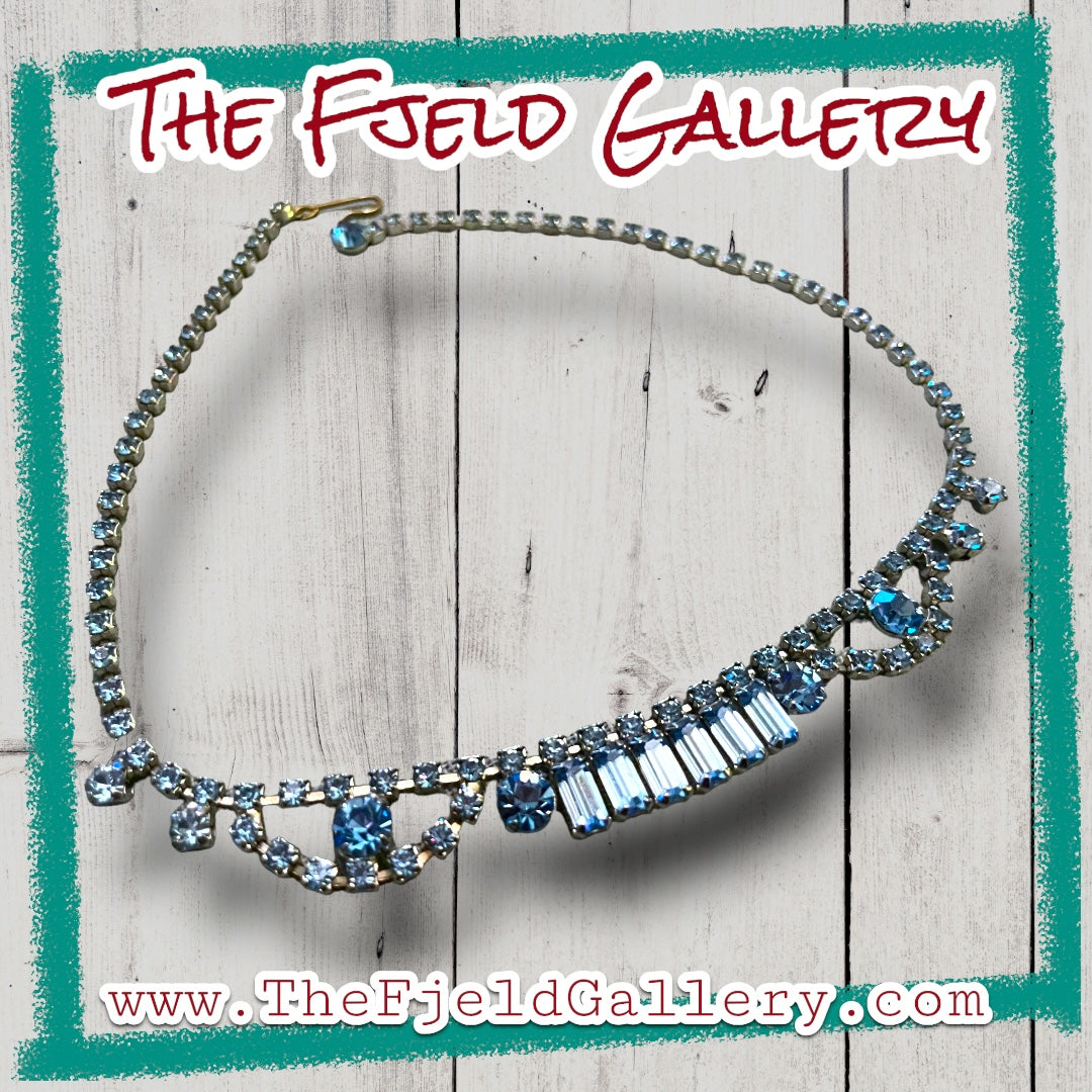 Baby Blue Crystal Rhinestone Silver Prong Set Choker Necklace