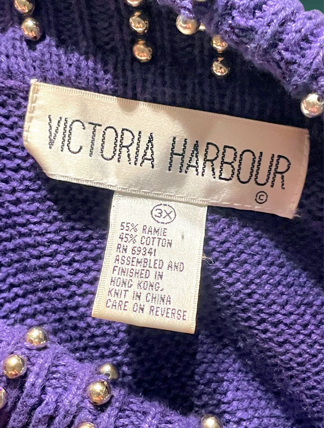 Vintage 1980’s Purple Oversized Boat Neck Sweater with Gold Bead Detail Design