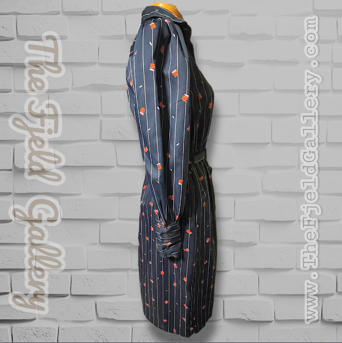 1970’s Navy Blue Pinstripe, Red & Purple Pattern Long-sleeve Pocket Belted Dress