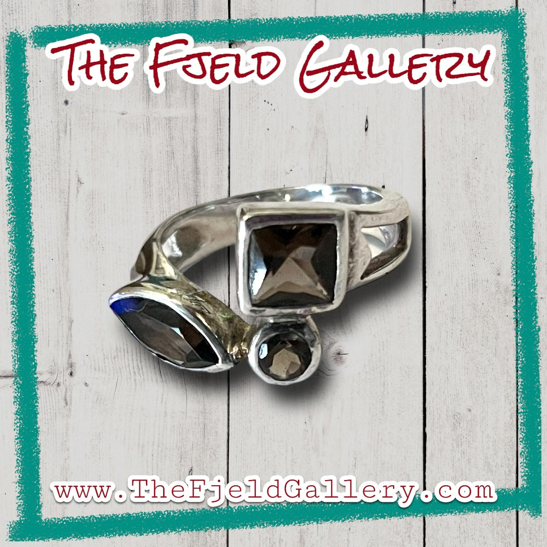 Smokey Topaz 3 Stone Bezel Set Geometric Sterling Silver Ring