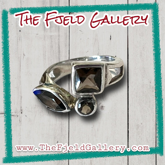 Smokey Topaz 3 Stone Bezel Set Geometric Sterling Silver Ring