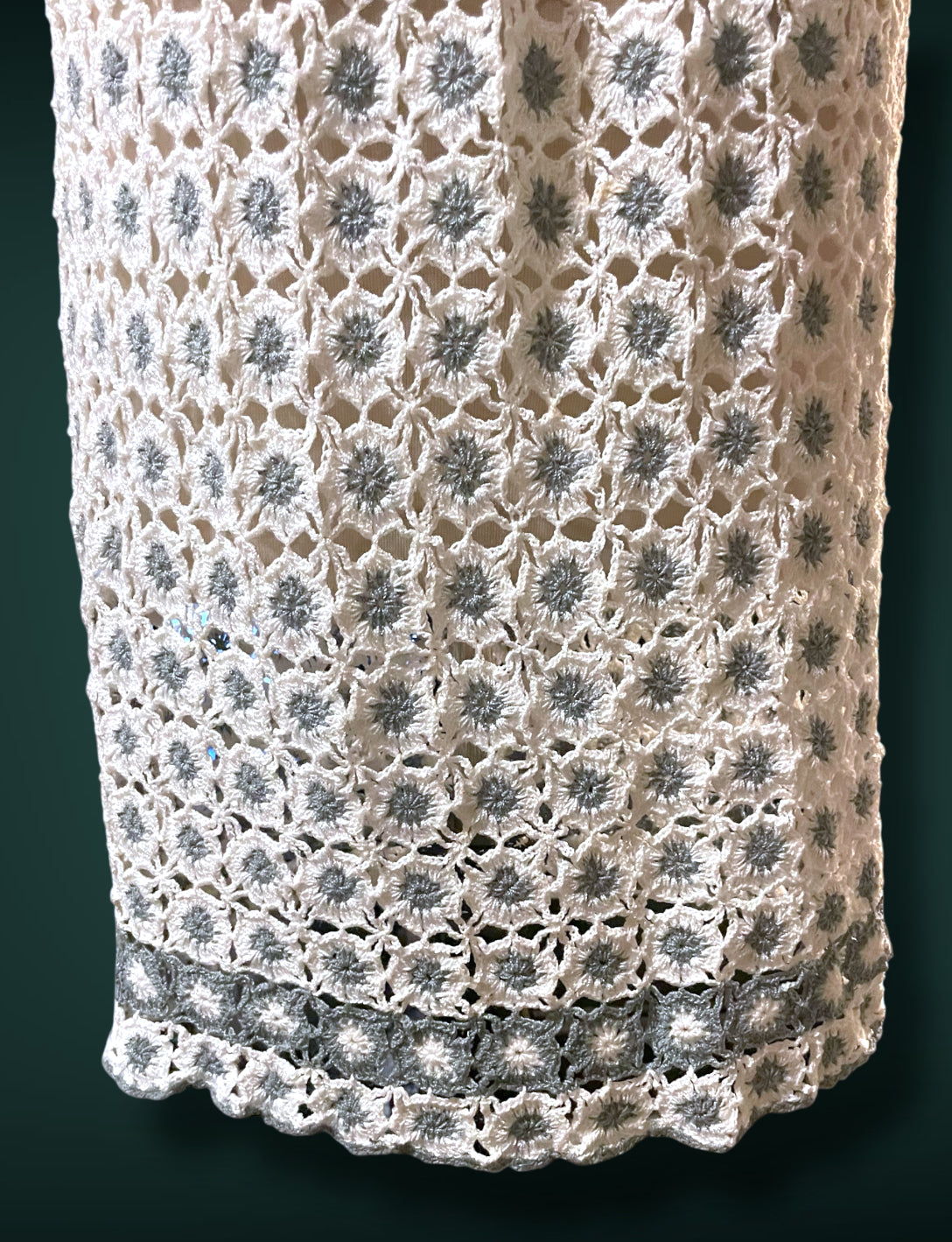 1970’s Vintage White & Gray Crochet Knit Floral Bow Waist Dress