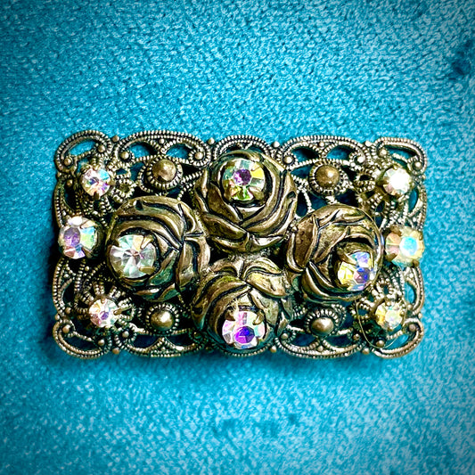 West German Aurora Borealis Crystal Brass Filigree Rose Brooch