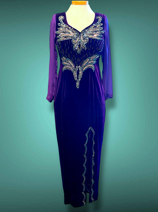 Deep Purple Velvet & Sheer Aurora Borealis Sequin Maxi Gown Dress