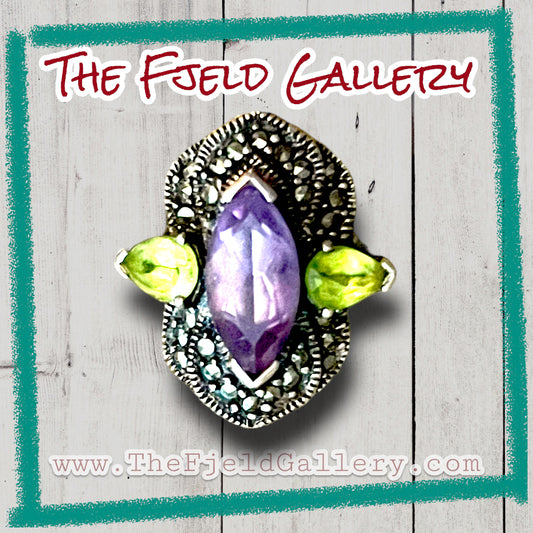 Amethyst & Peridot Sterling Silver & Marcasite Art Deco Ring