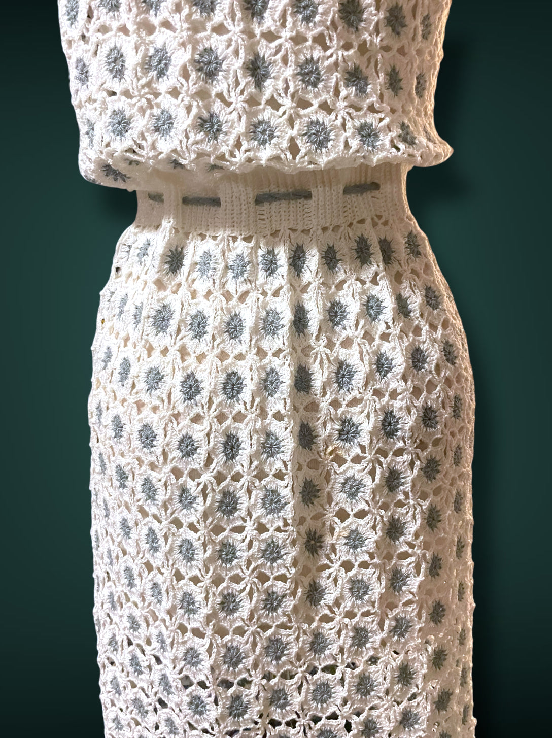 1970’s Vintage White & Gray Crochet Knit Floral Bow Waist Dress
