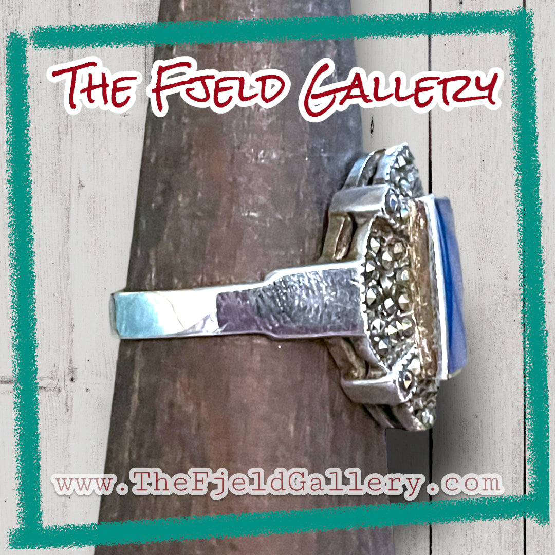 Vintage Art Deco Blue Chalcedony & Marcasite Sterling Silver Ring