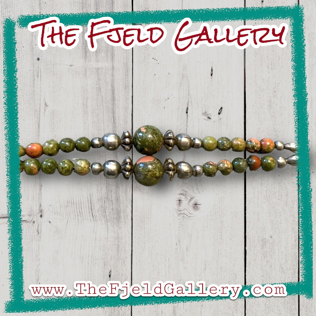 Unakite Gemstone Bead Liquid Sterling Silver Native American Bracelet