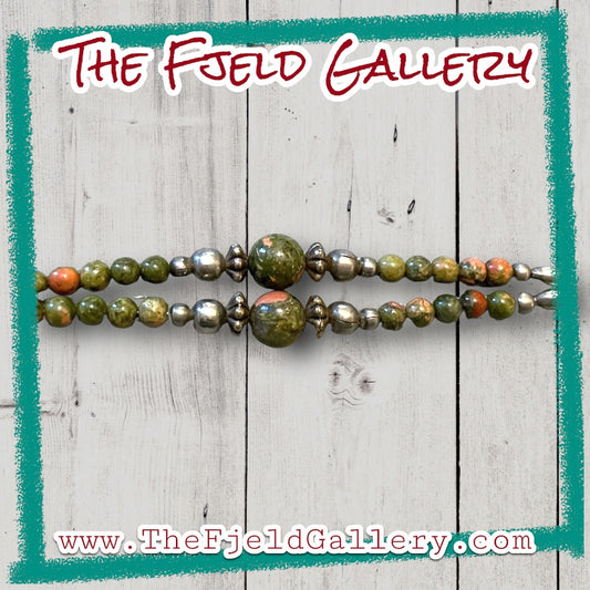 Unakite Gemstone Bead Liquid Sterling Silver Native American Bracelet