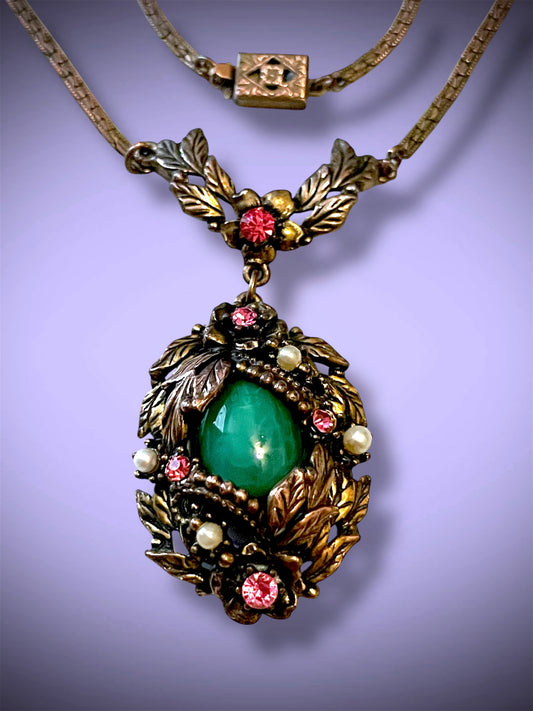 Art Nouveau Brass Green Jade Peking Art Glass Pink Crystal & Pearl Pendant Necklace