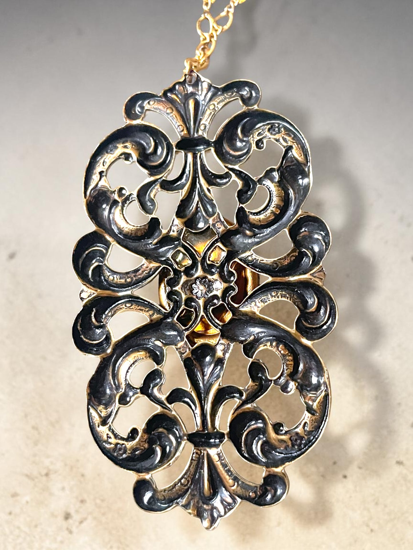 Art Nouveau Ornate Brass Purple Art Glass Pendant Necklace