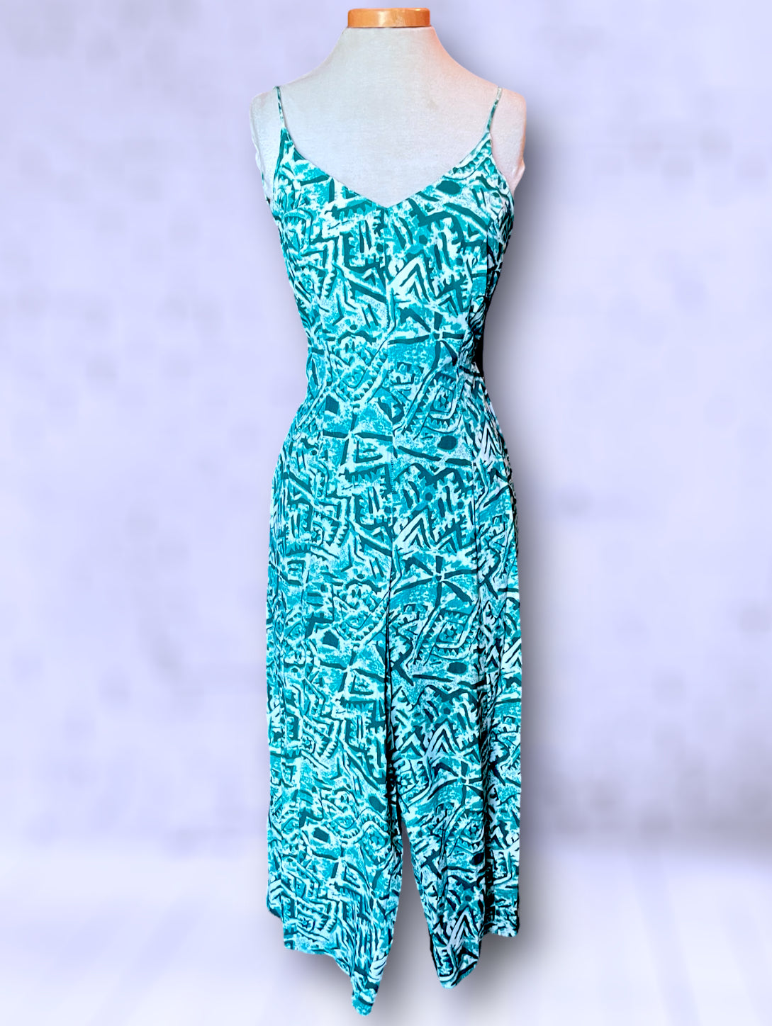 Vintage Turquoise, Teal Blue & White Patterned Low Tie Back Tank Jumpsuit