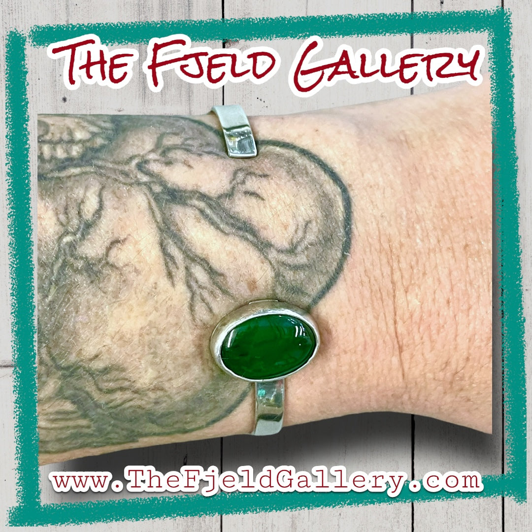Green Jade Cabochon Sterling Cuff Bracelet