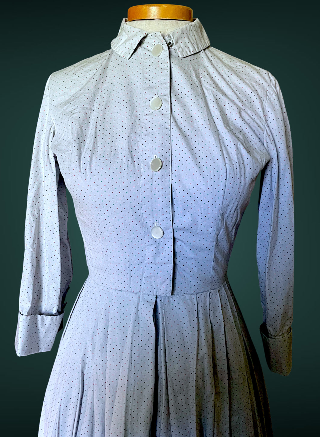 1960 A-Line Red, Blue & Green Polka Dot Button up Shirt Full Skirt Pocket Dress