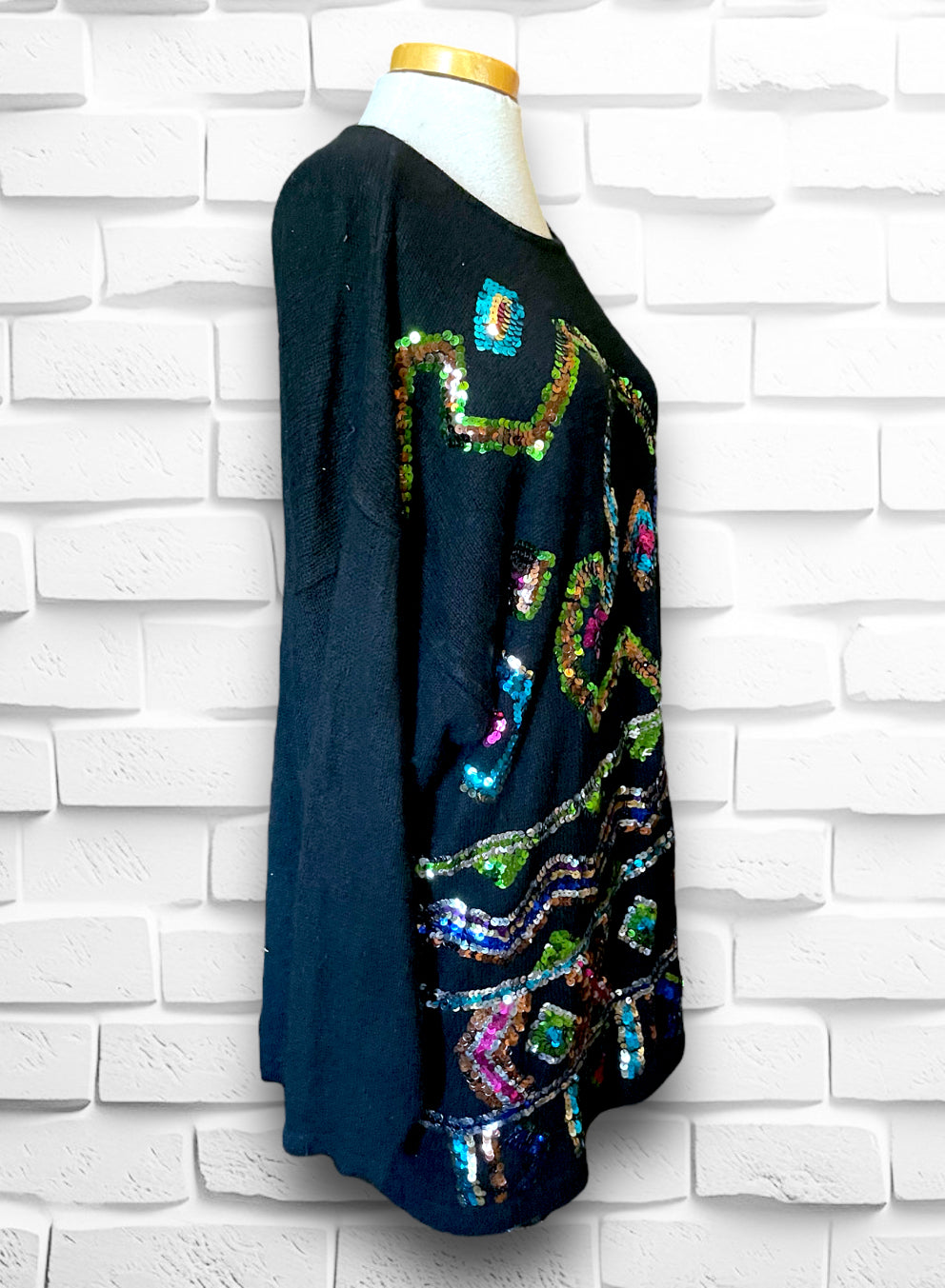 1980’s Rainbow Sequin Silk, Angora, Wool Oversized Black Sweater