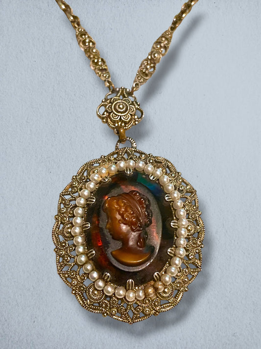 West German Amber Art Glass Cameo, Pearl Brass Filigree Necklace