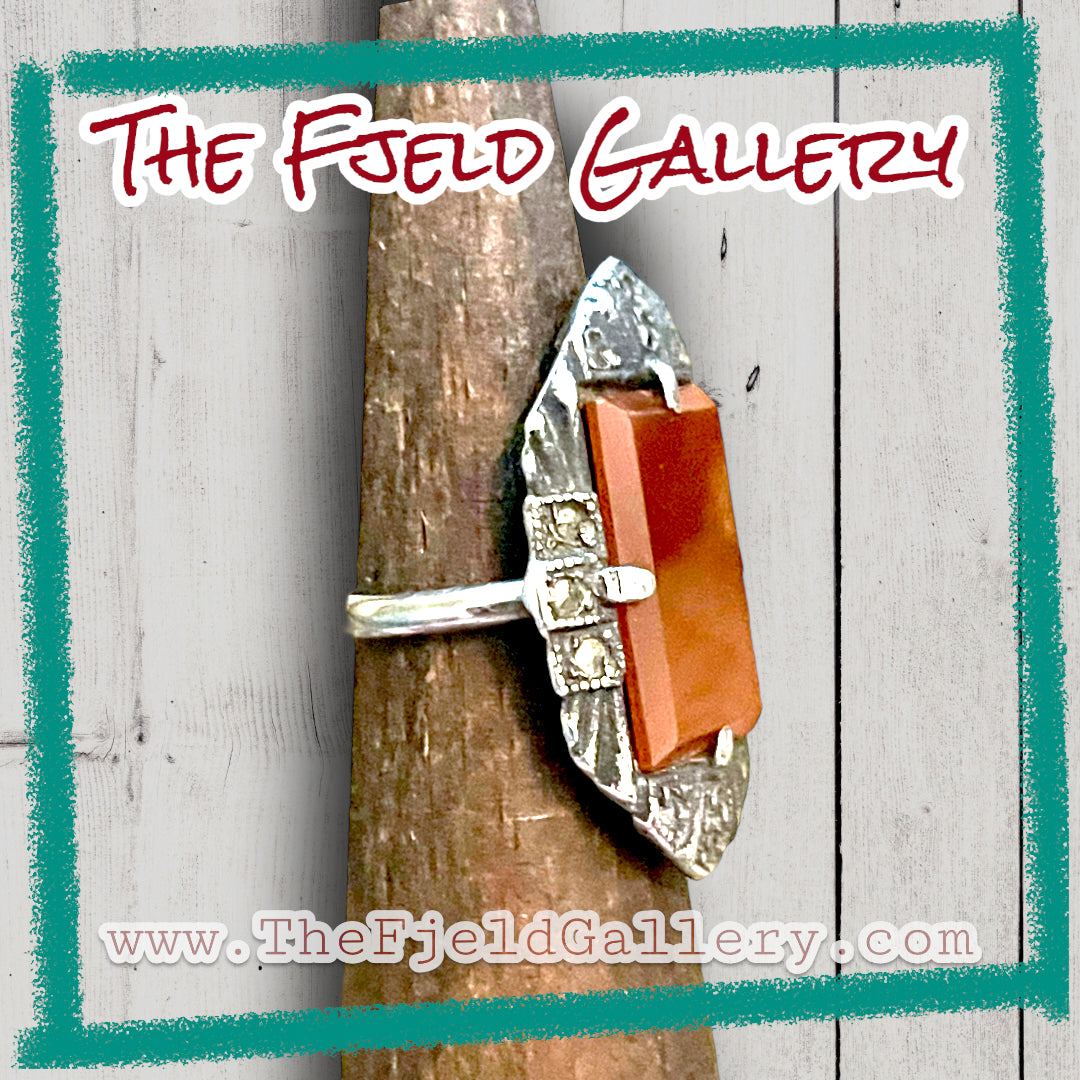 Carnelian Orange Red Art Deco Sterling Silver & Marcasite Ring