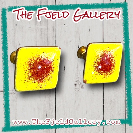 Vintage Square Copper Yellow & Pink Enameled Screwback Earrings