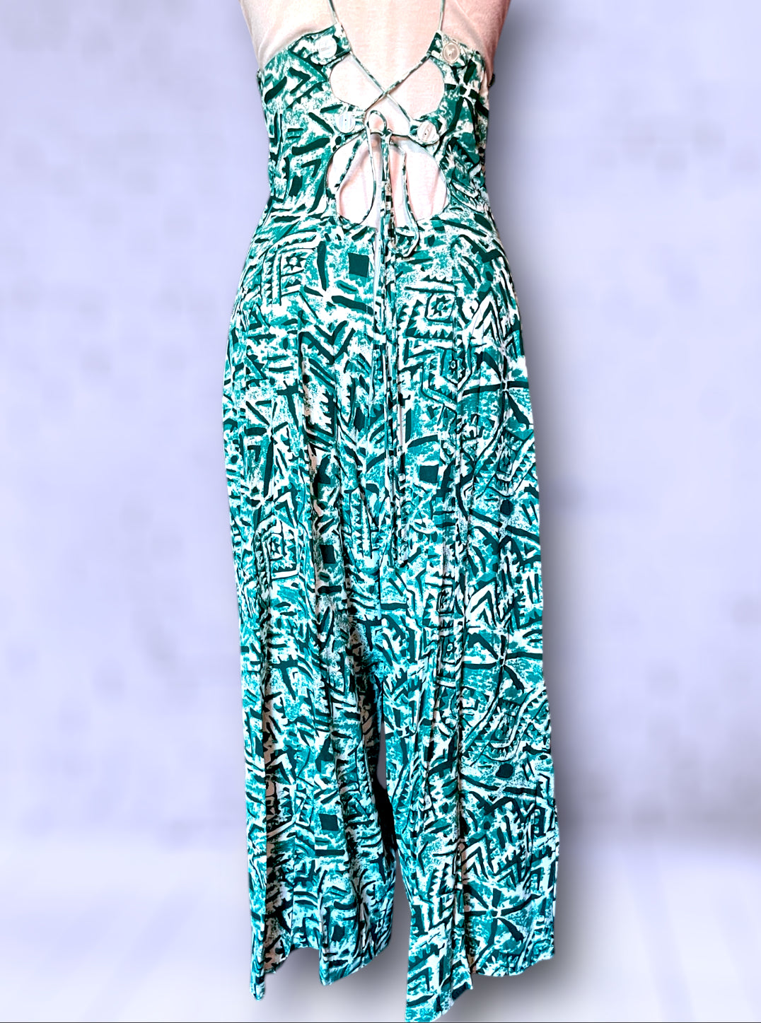 Vintage Turquoise, Teal Blue & White Patterned Low Tie Back Tank Jumpsuit
