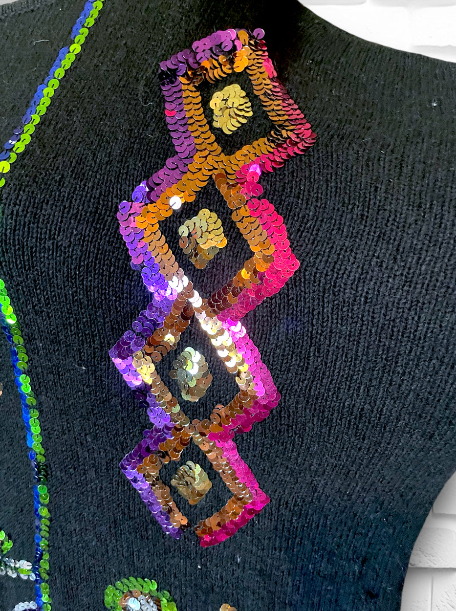 1980’s Rainbow Sequin Silk, Angora, Wool Oversized Black Sweater