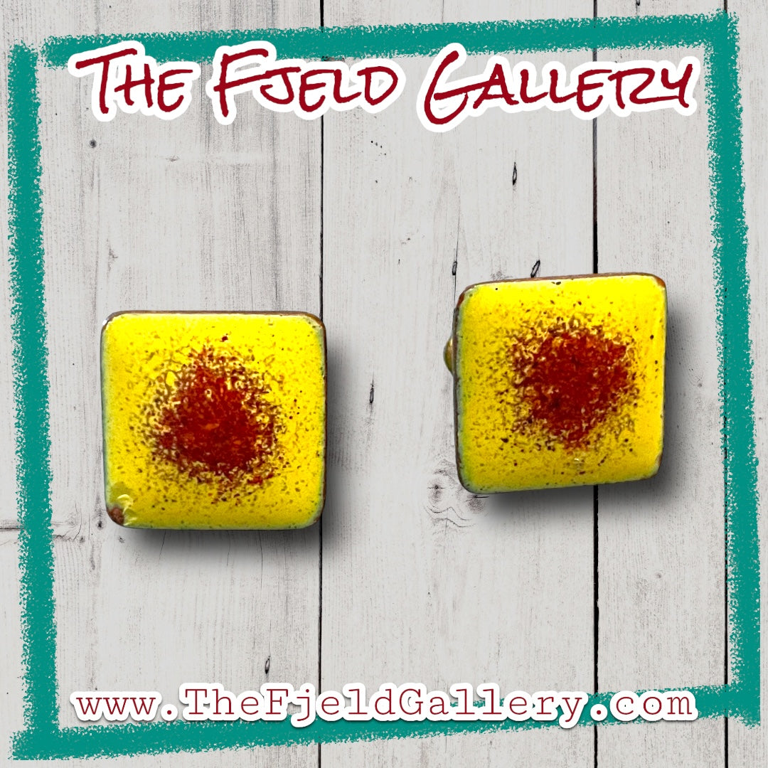 Vintage Square Copper Yellow & Pink Enameled Screwback Earrings