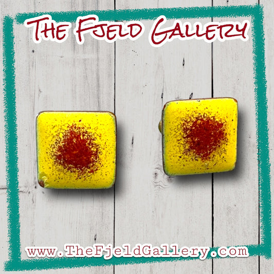 Vintage Square Copper Yellow & Pink Enameled Screwback Earrings