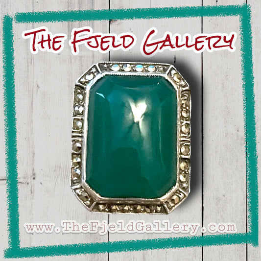 Art Deco Chrysoprase Sterling Silver Marcasite Square Ring