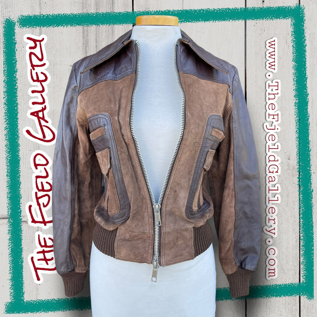 Vintage Brown Leather, Suede & Knit Bomber Jacket with Double Zipper