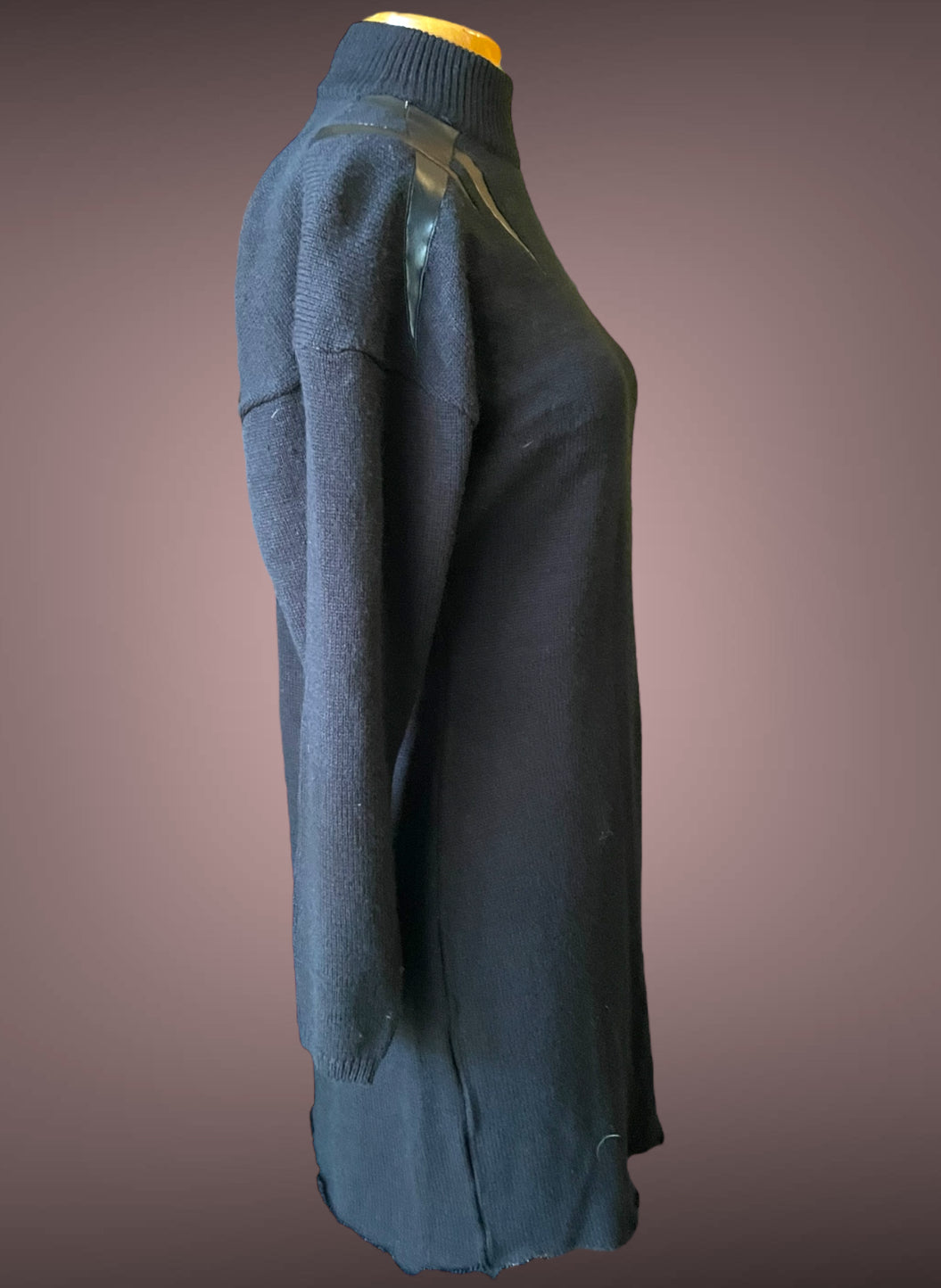 1980’s Amilano Black Sweater Dress w/ Geometric Faux Leather Shoulder Detail