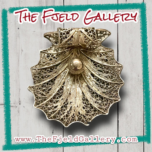 Antique Victorian Sterling Filigree Pearl in Shell Convertible Brooch Necklace Pendant