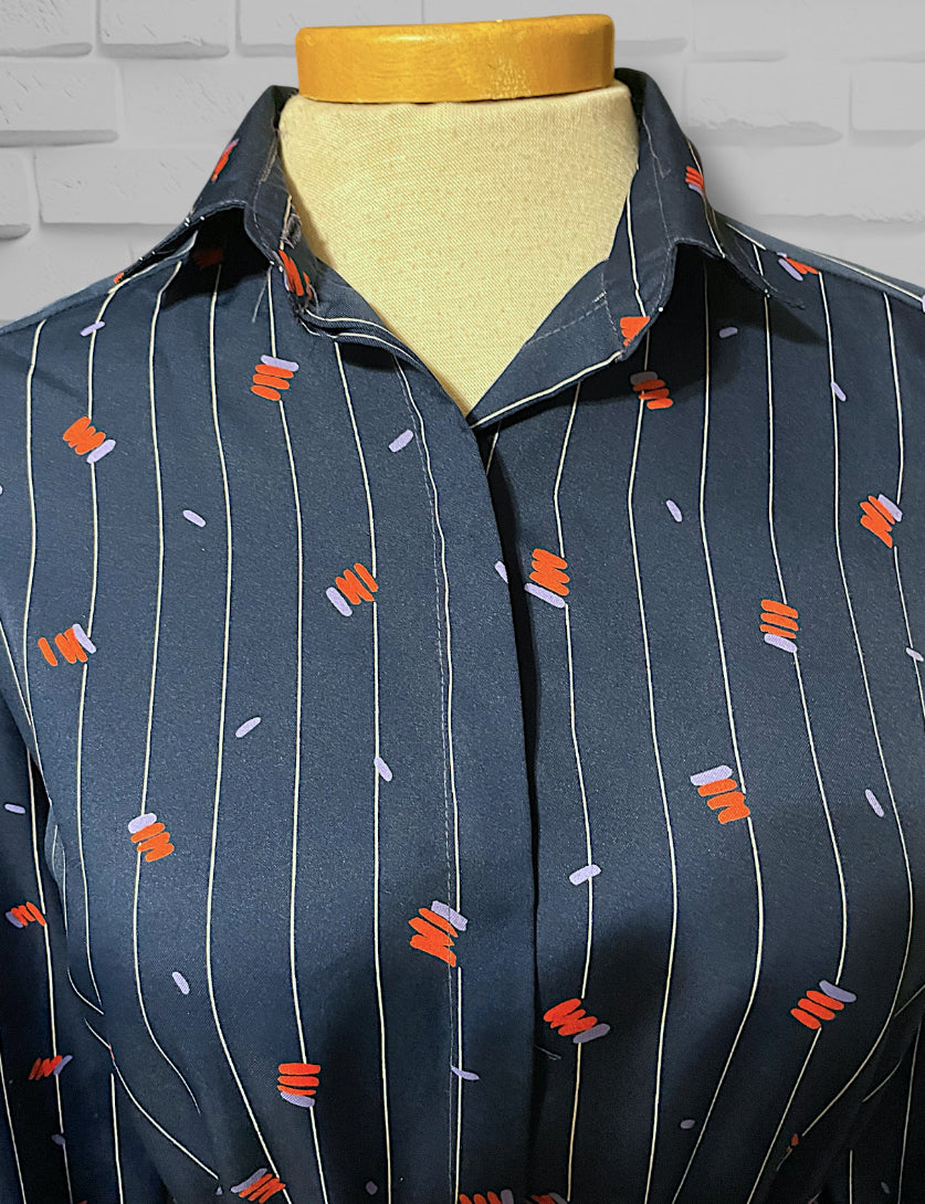 1970’s Navy Blue Pinstripe, Red & Purple Pattern Long-sleeve Pocket Belted Dress