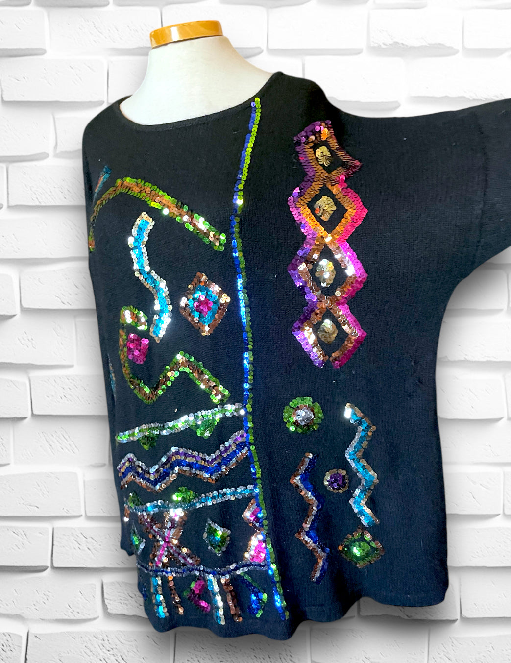 1980’s Rainbow Sequin Silk, Angora, Wool Oversized Black Sweater