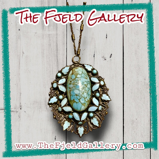 Czechoslovakian Blue Hubble Art Glass & Enamel Brass Filigree Necklace