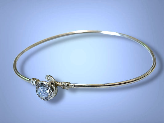 Vintage Sterling Silver Sparkling White Zircon Hook Bangle Bracelet