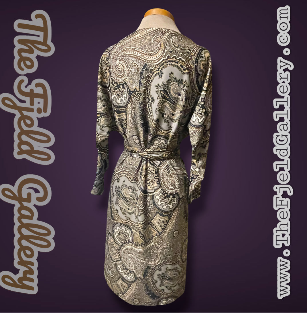 1970’s Brown, Gray, Black & White Paisley Pattern Bat Wing Belted Sheath Dress